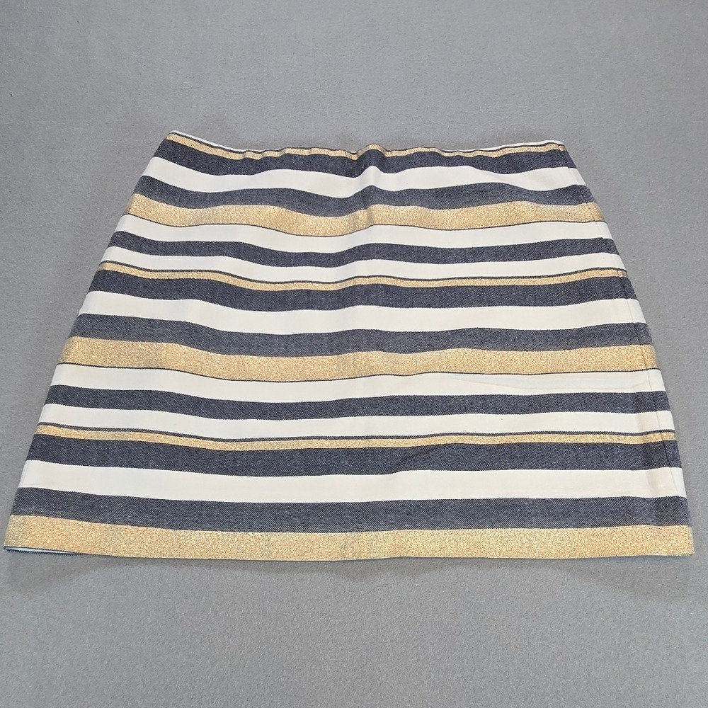 J.Crew Mini Skirt Womens 8 Gold Navy Blue Metallic Striped A-Line 43856